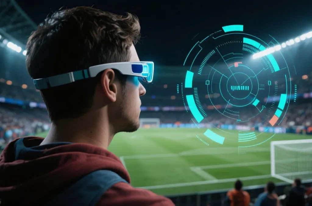球迷使用AR眼镜在看球，界面显示战术数据